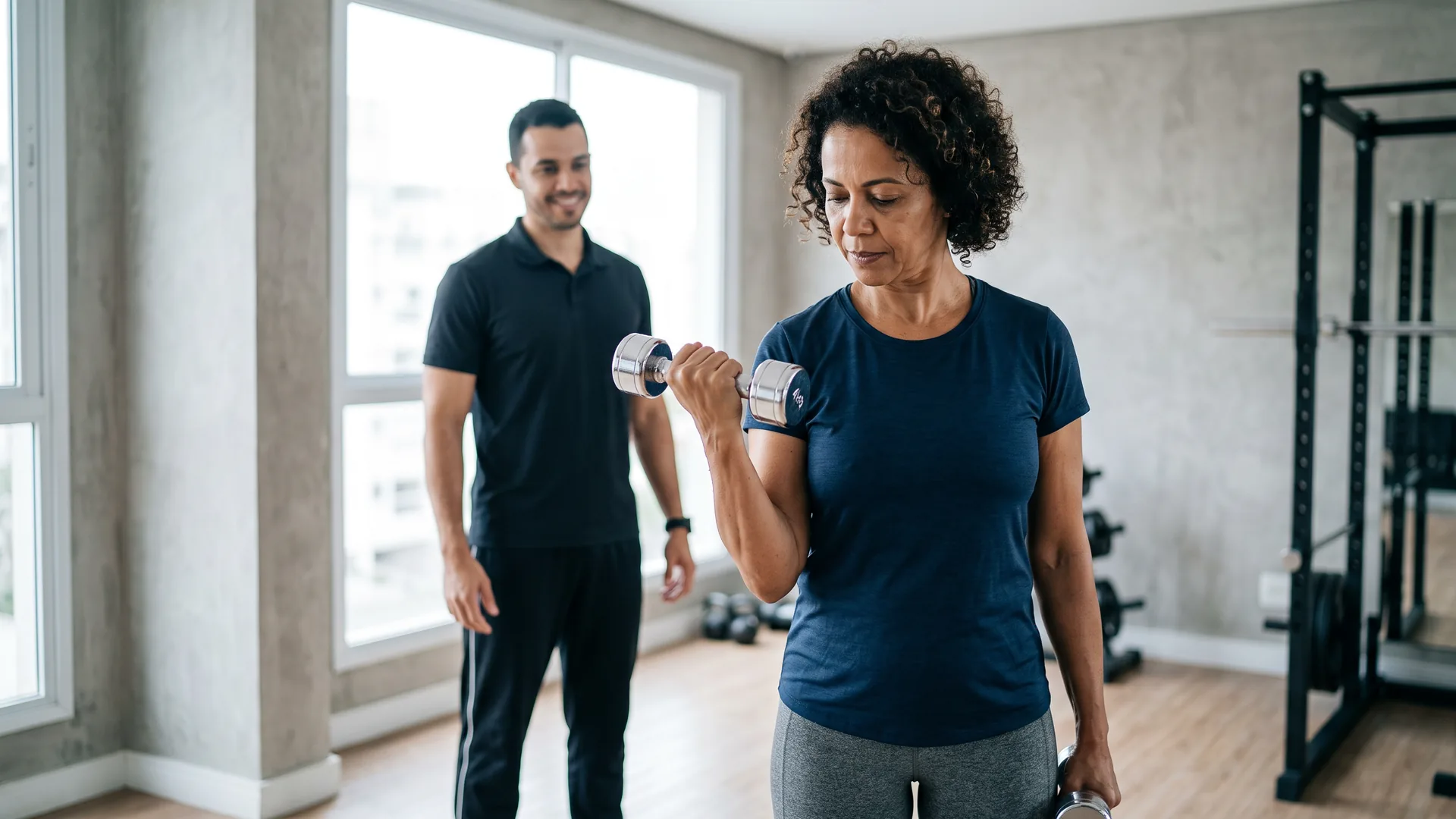 Mulher madura realizando exercício de força com halter