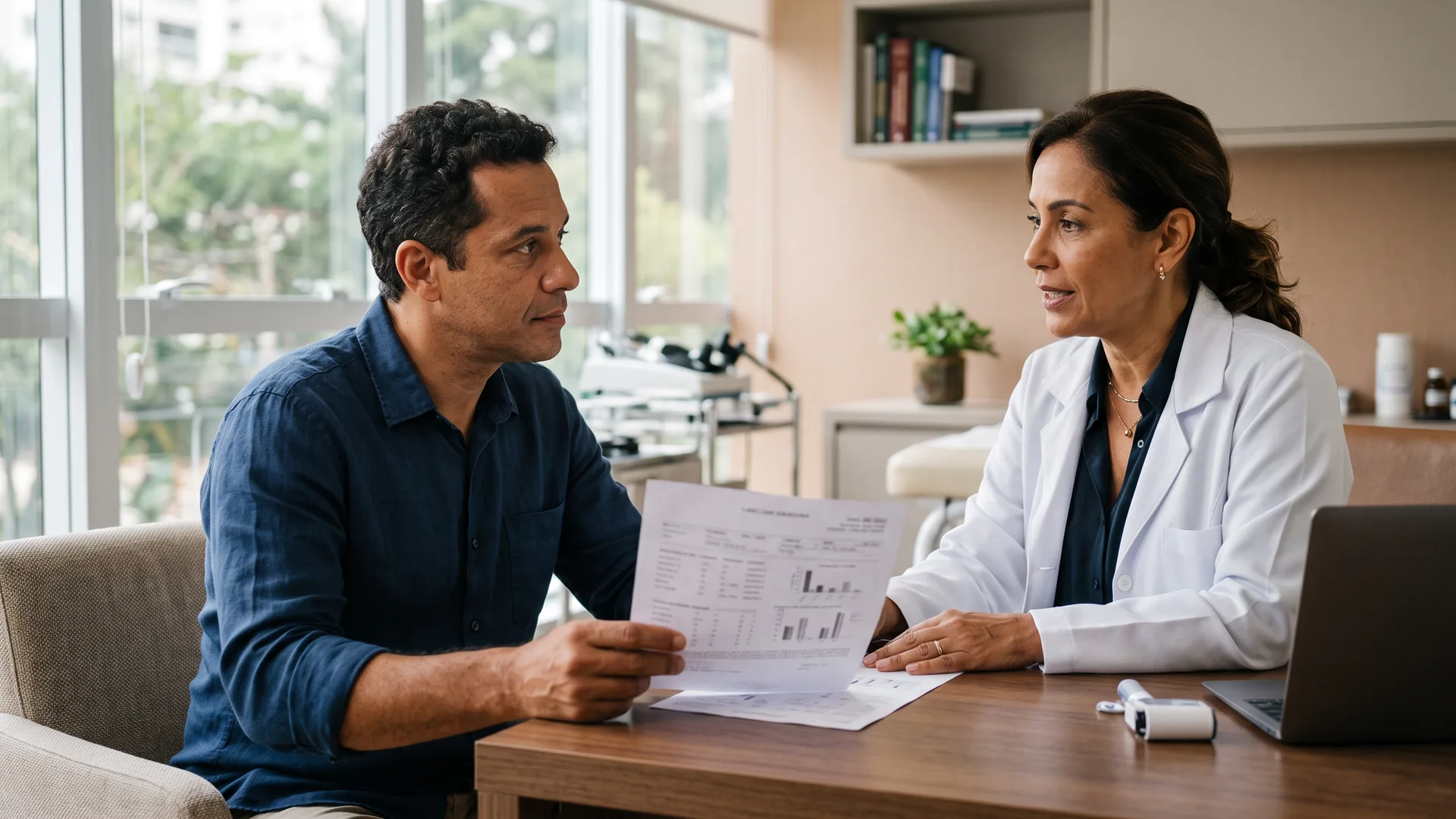 Médica em consulta analisando exames com paciente